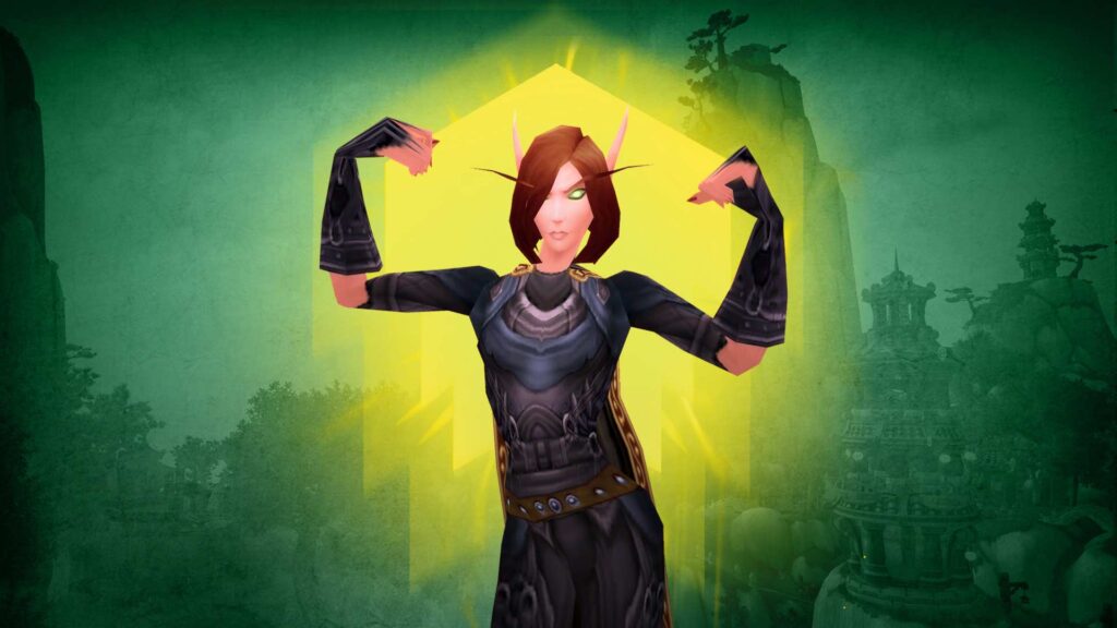 Zu sehen ist ein WoW-Charakter mit Siegerpose. Dies steht für einen Level-Up im MMORPG.