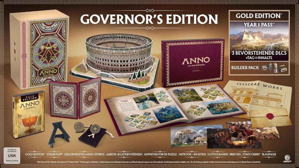 Auf dem Bild sind alle Inhalte der Anno 117 Collectors Edition zu sehen. Darunter das Steelbook, das Amphitheater-3D-Puzzle und das Artbook.