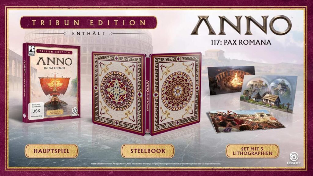 Zu sehen sind die Inhalte der Anno 117 Tribun Edition: das Hauptspiel, ein Steelbook und 3 Lithografien
