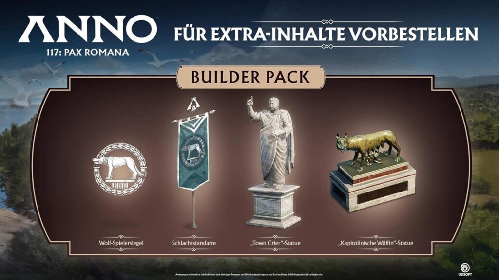 Hier sieht man die Vorbesteller-Inhalte von Anno 117: Ein Siegel, eine Schlachtstandarte und zwei Statuen.